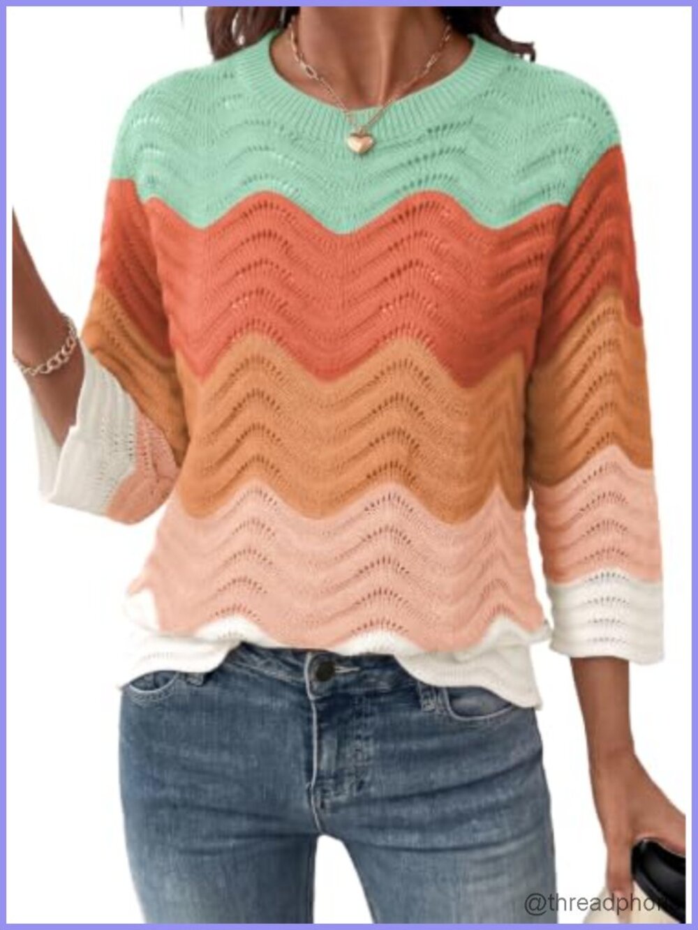 Crochet Knit Sweater 3/4 Sleeve Crewneck Hollow Out Wave Stripe Scallop Hem